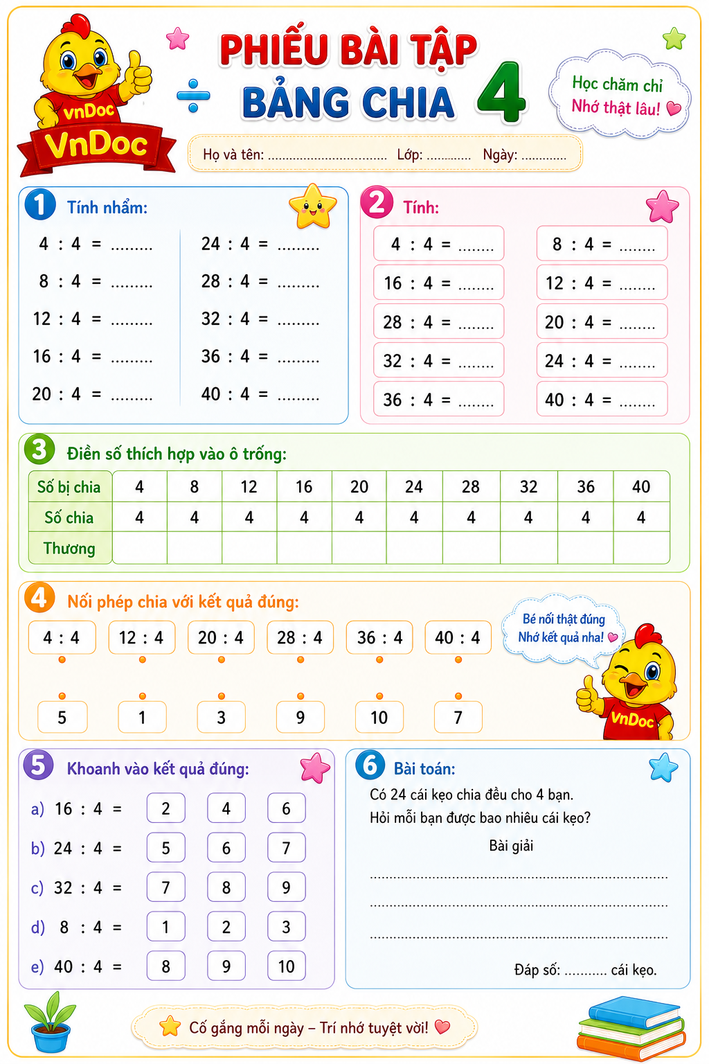 Bảng cửu chương chia 4, phiếu bài tập