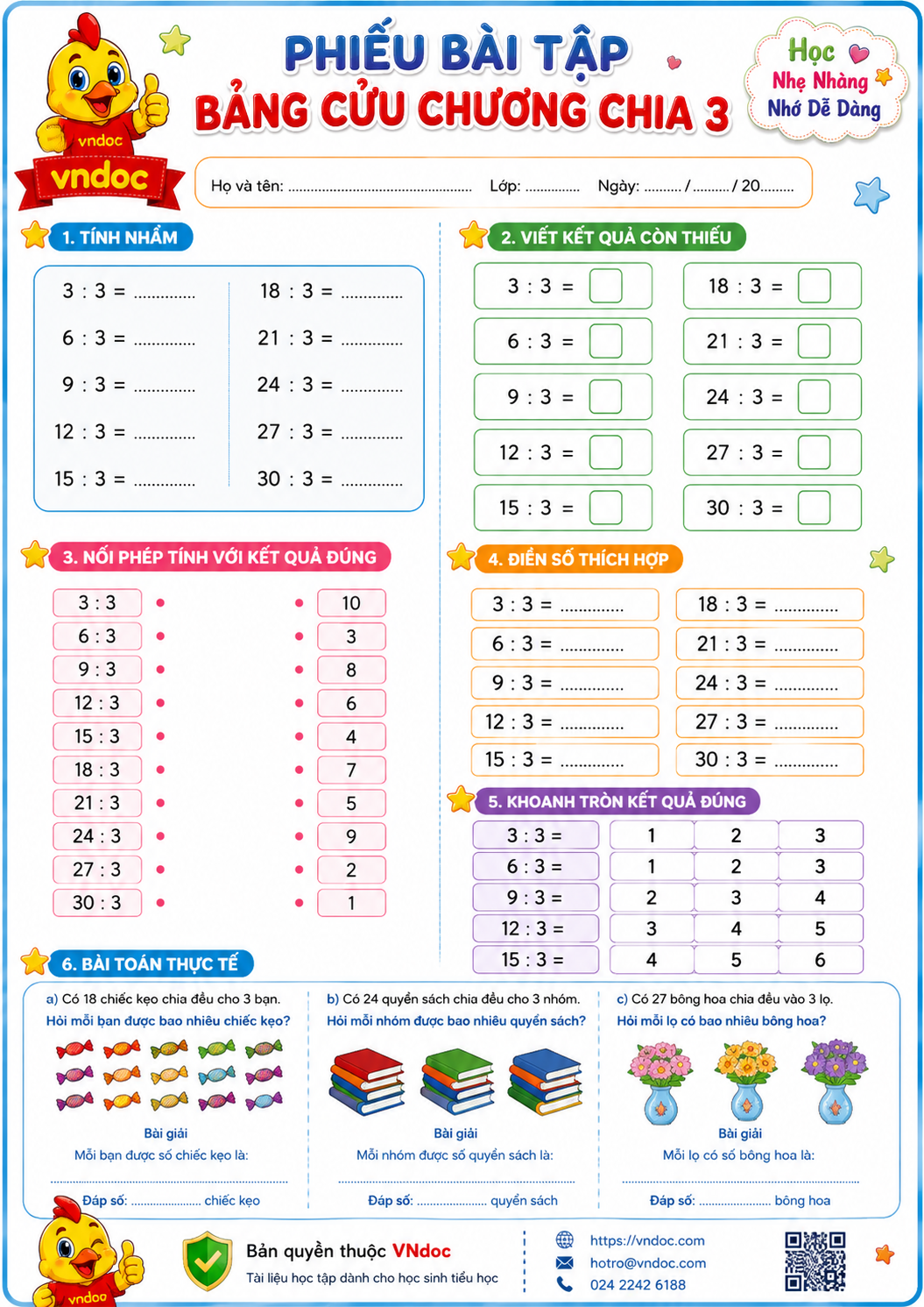 Bảng cửu chương chia 3, phiếu bài tập