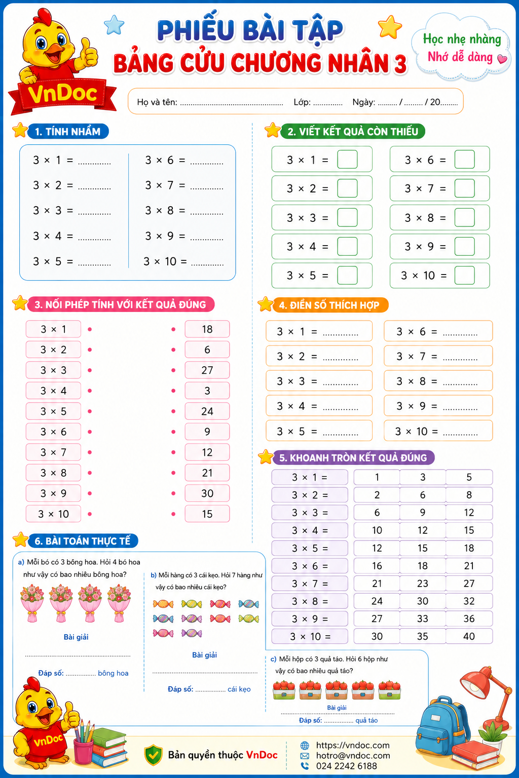 Bảng cửu chương nhân 3, phiếu bài tập
