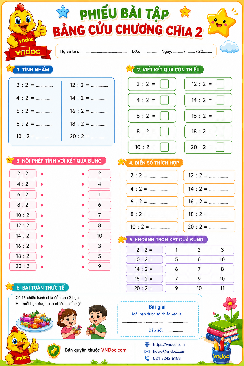 Bảng cửu chương chia 2, phiếu bài tập