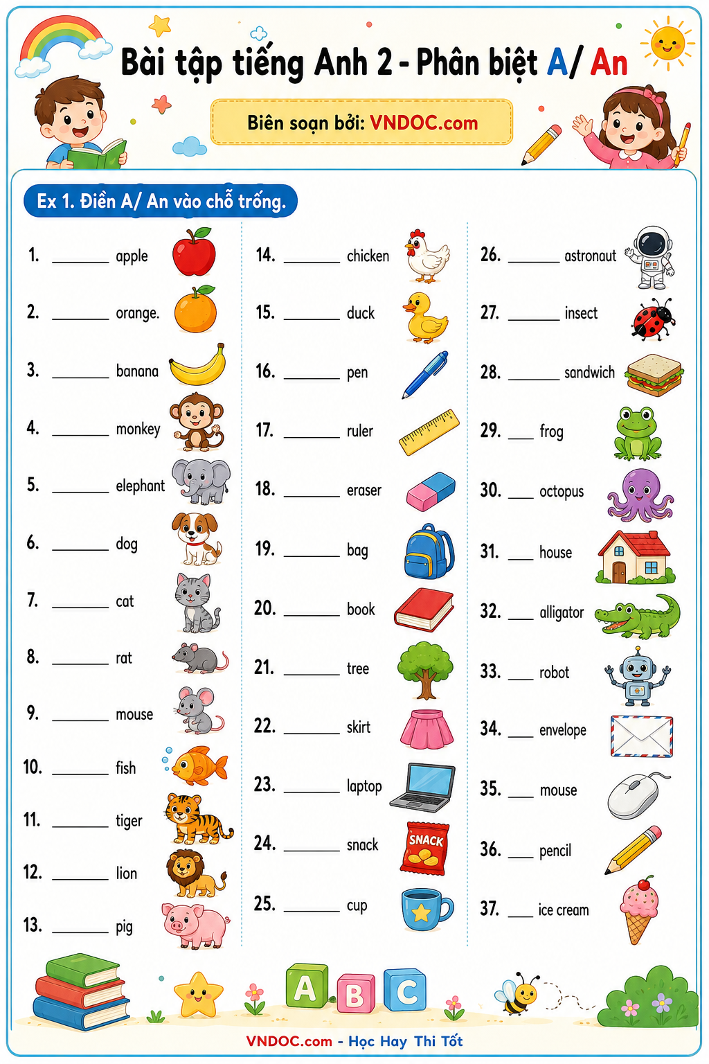 Bài tập A An lớp 2 có đáp án