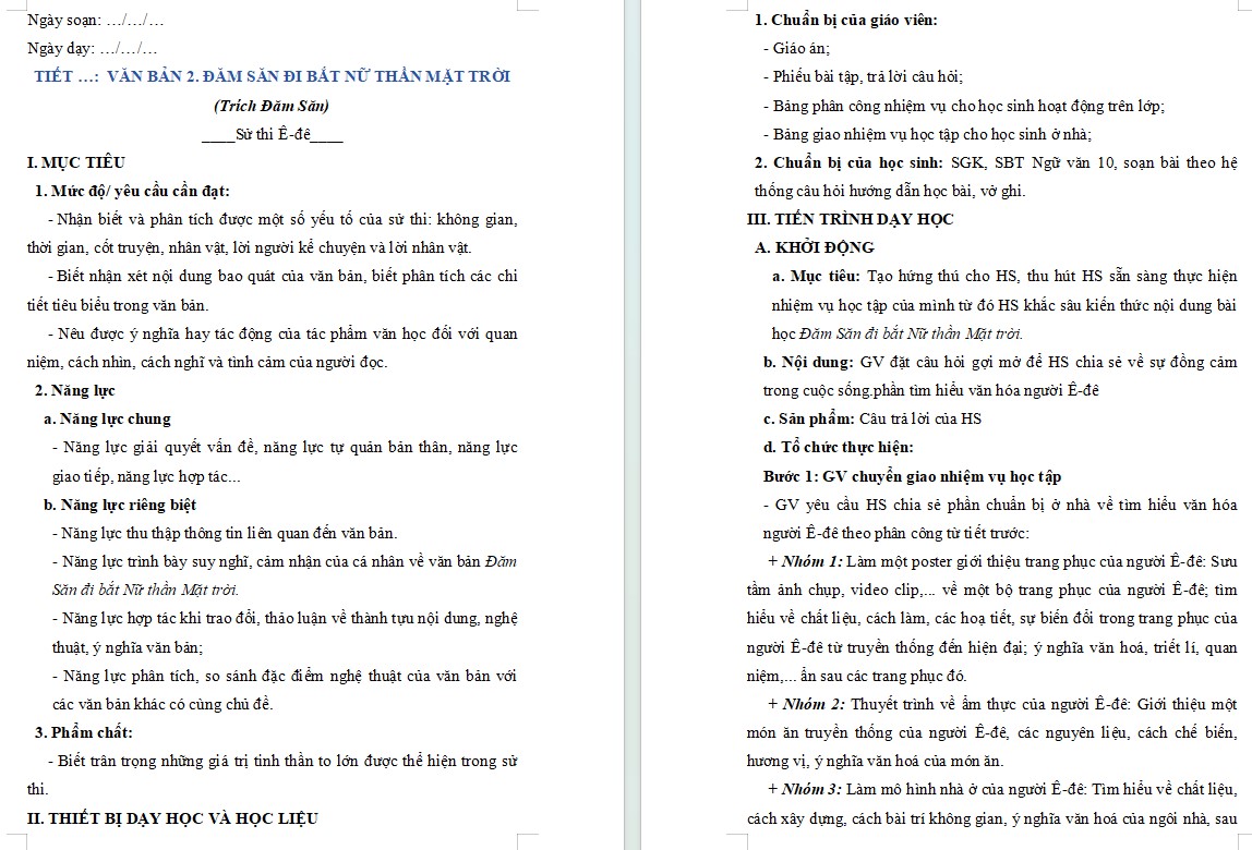 KHBD Ngữ văn 10 Bài Đăm Săn đi bắt Nữ Thần Mặt Trời