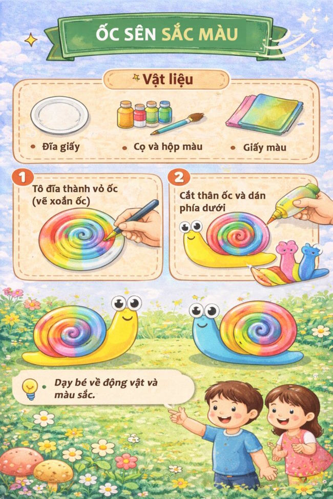 Làm ốc sên màu sắc từ đĩa giấy.