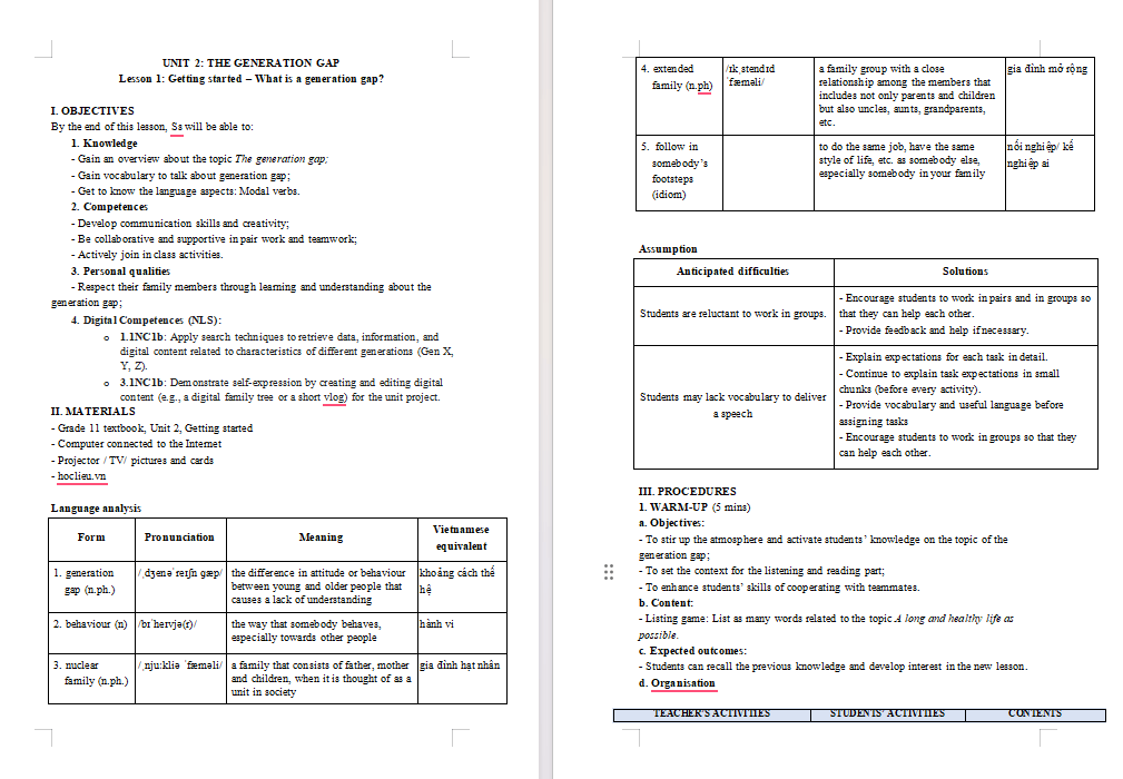 KHBD Tiếng Anh 11 Unit 2: Getting Started