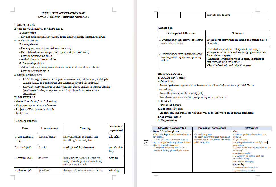 KHBD Tiếng Anh 11 Unit 2: Reading