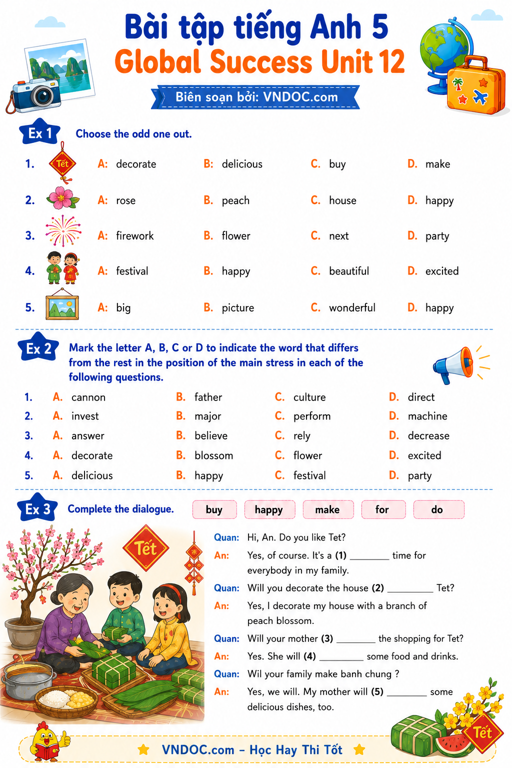 Bài tập tiếng Anh 5 Global Success Unit 12 Our Tet holiday
