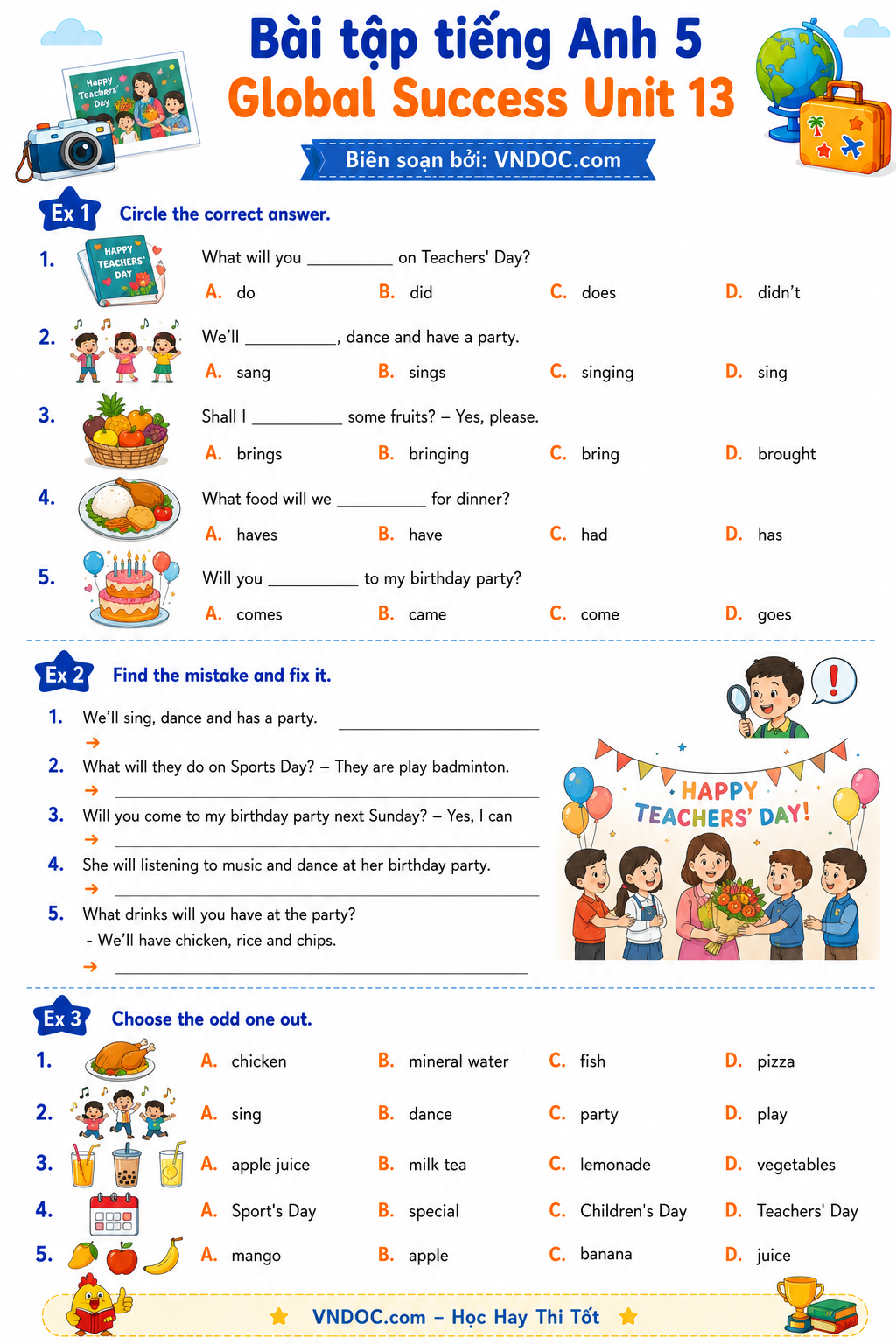Bài tập tiếng Anh 5 Global Success Unit 13 Our special days