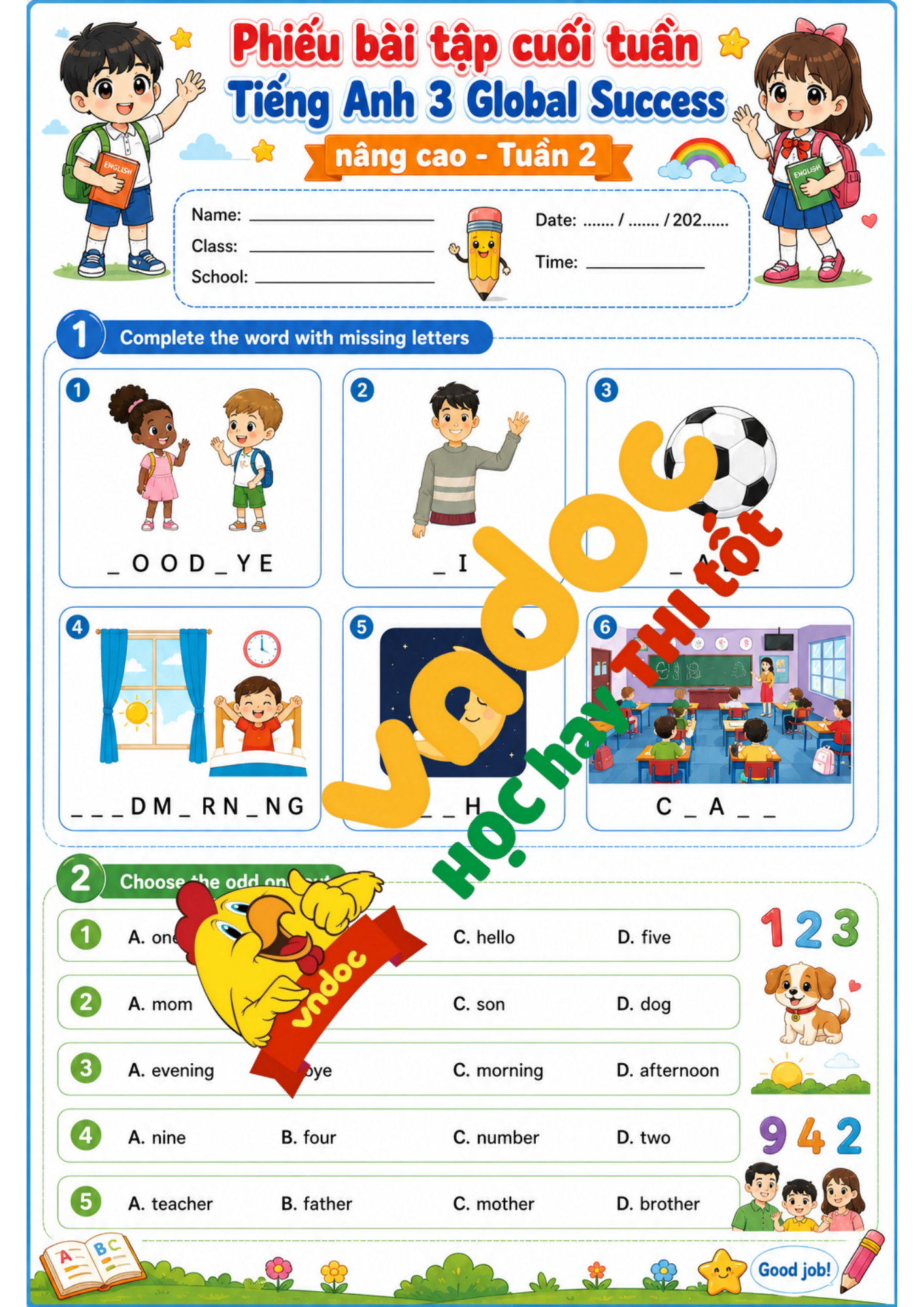 Phiếu bài tập cuối tuần tiếng Anh 3 tuần 2