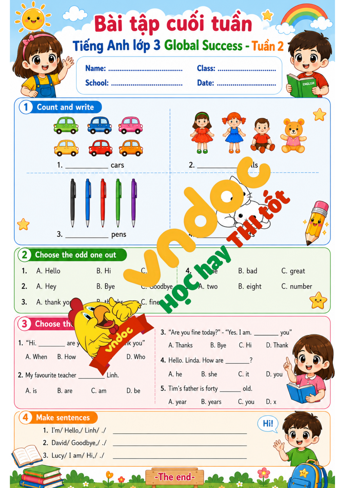 Bài tập cuối tuần Tiếng Anh 3 Tuần 2