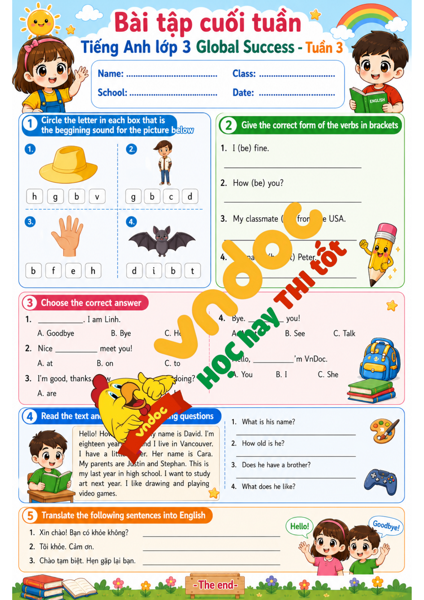 Bài tập cuối tuần Tiếng Anh lớp 3 Tuần 3