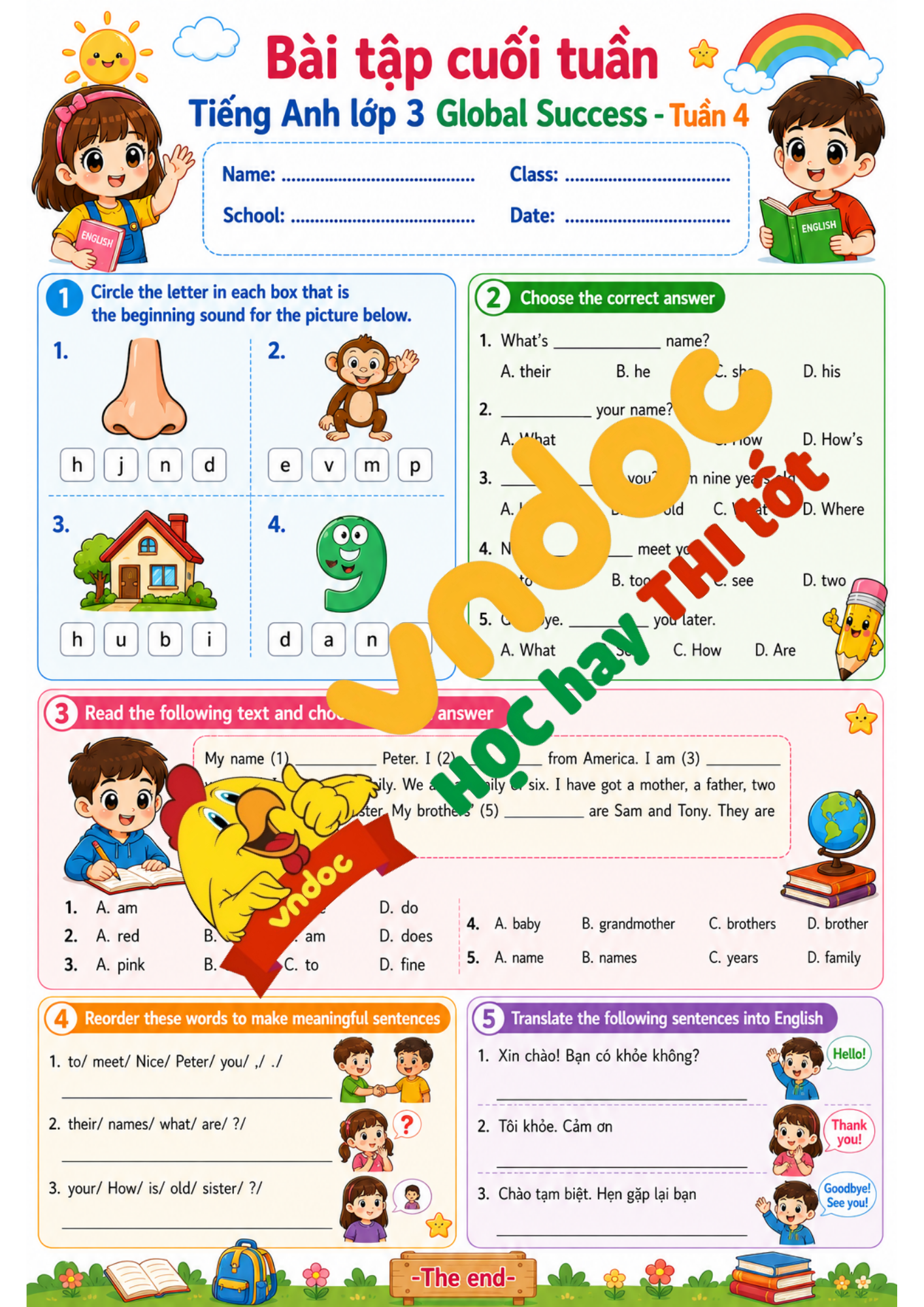 Bài tập cuối tuần tiếng Anh 3 Tuần 4 minh họa 