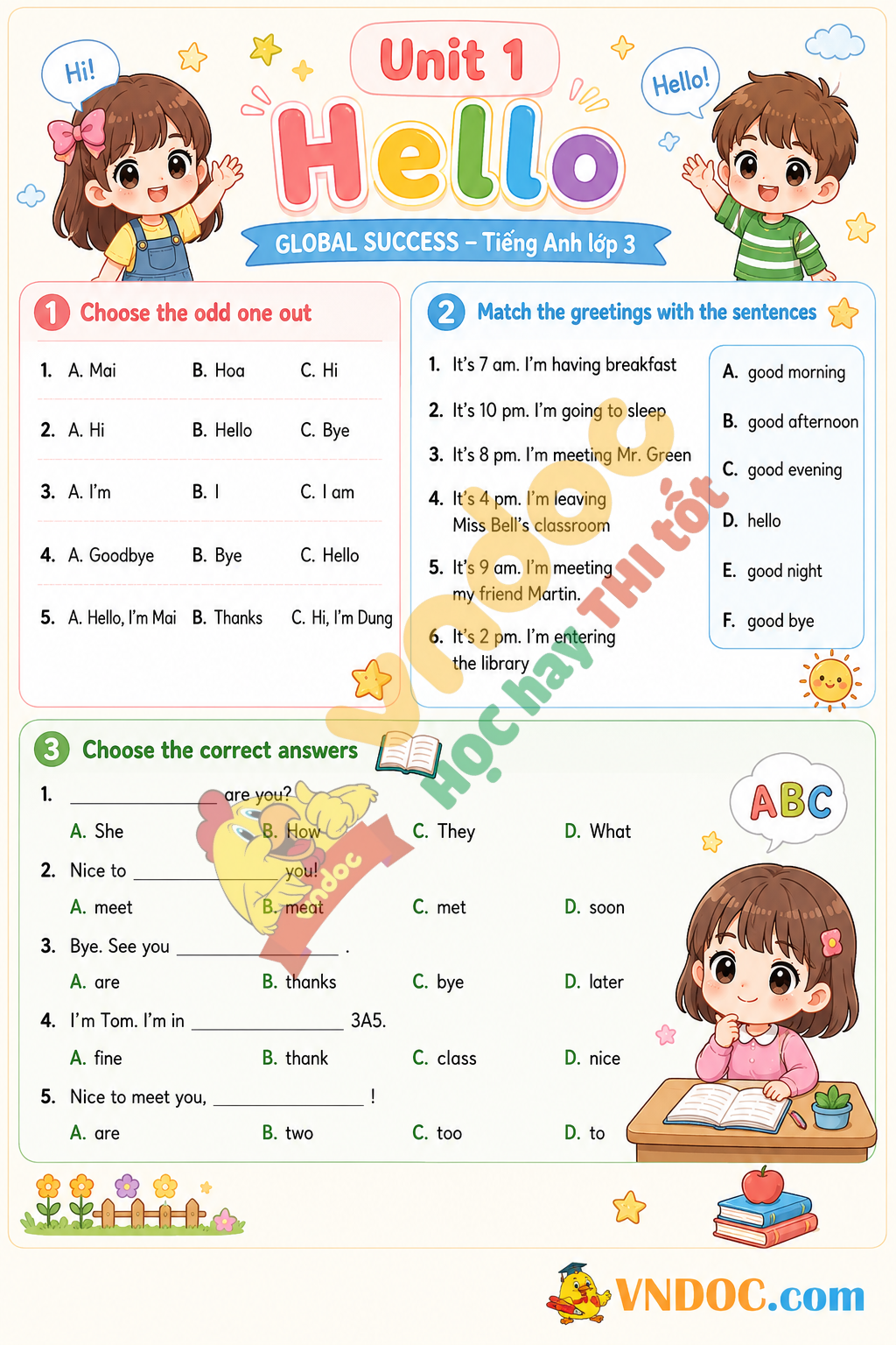Bài tập Unit 1 lớp 3 minh họa
