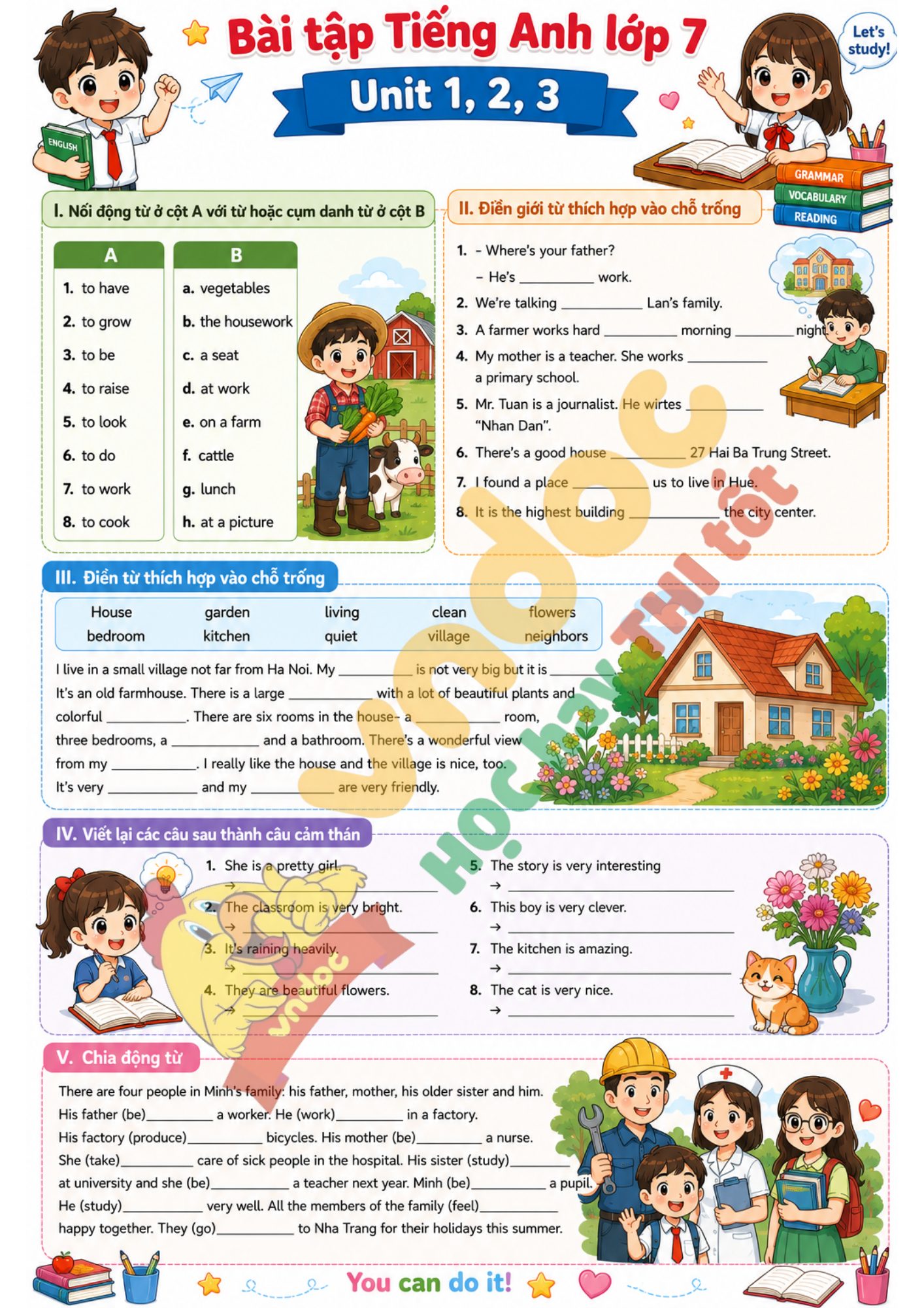 Bài tập tiếng Anh 7 Unit 1 2 3 minh họa