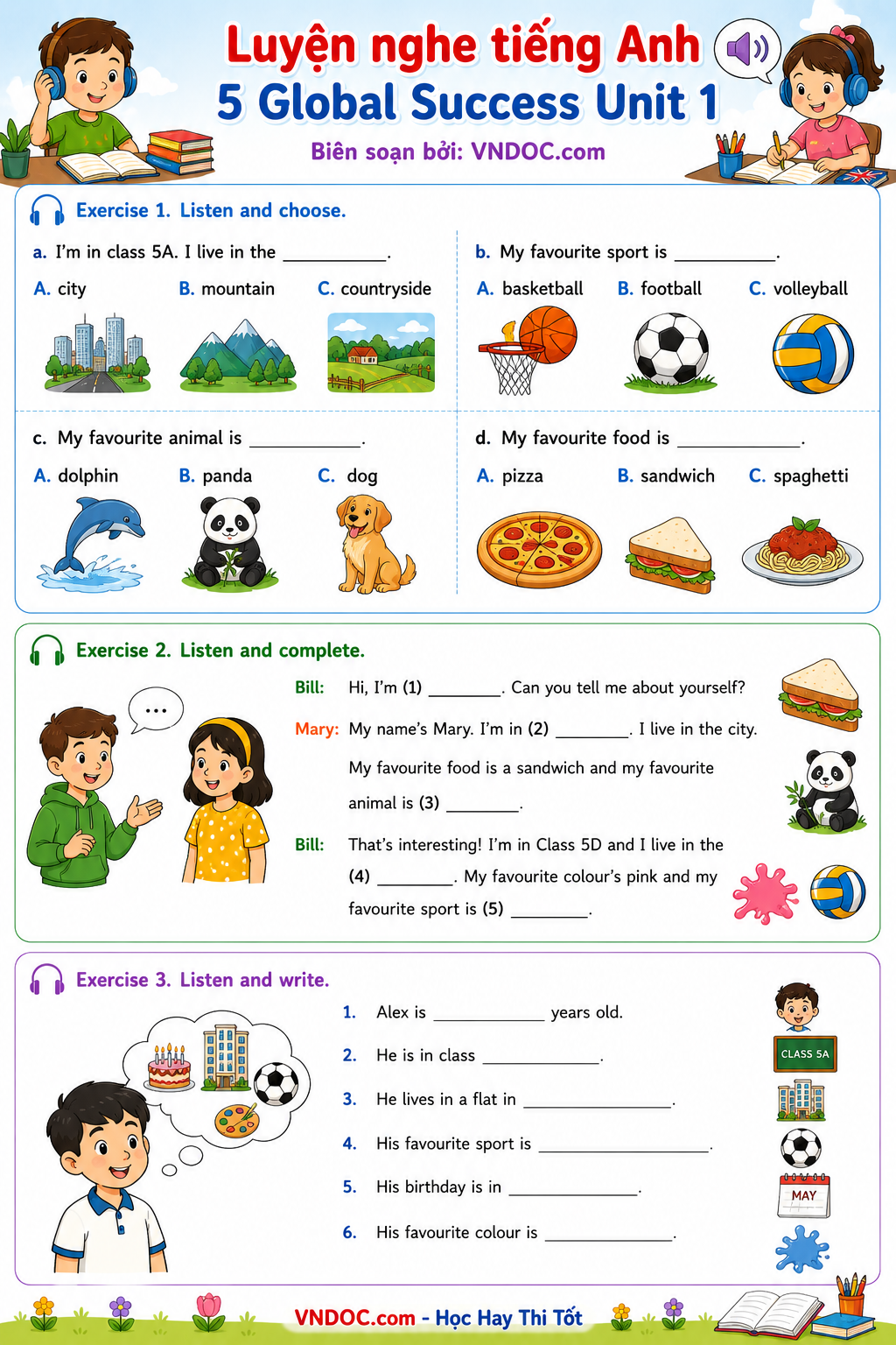 Luyện nghe tiếng Anh 5 Global Success Unit 1