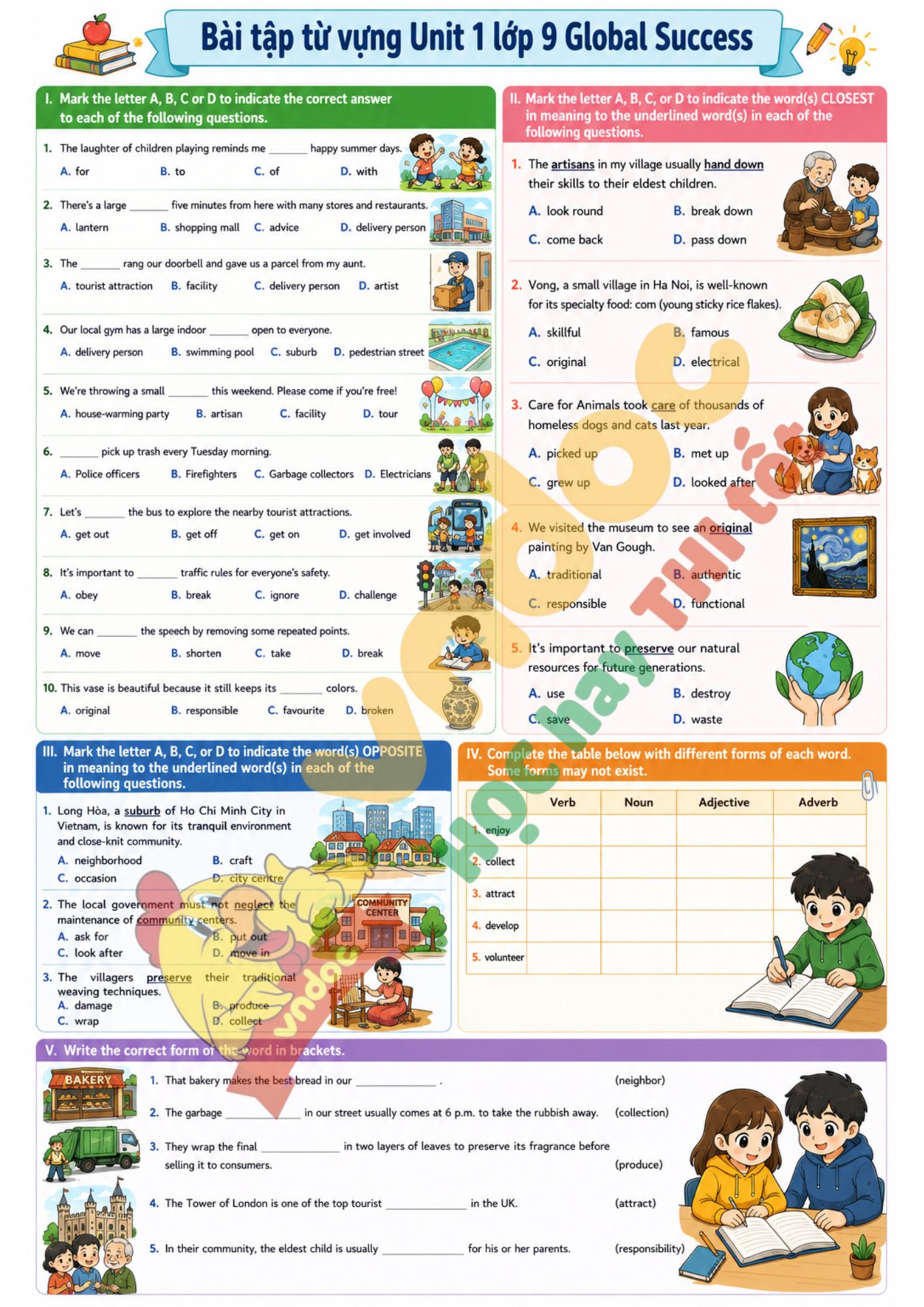 Phiếu bài tập từ vựng Unit 1 lớp 9 minh họa