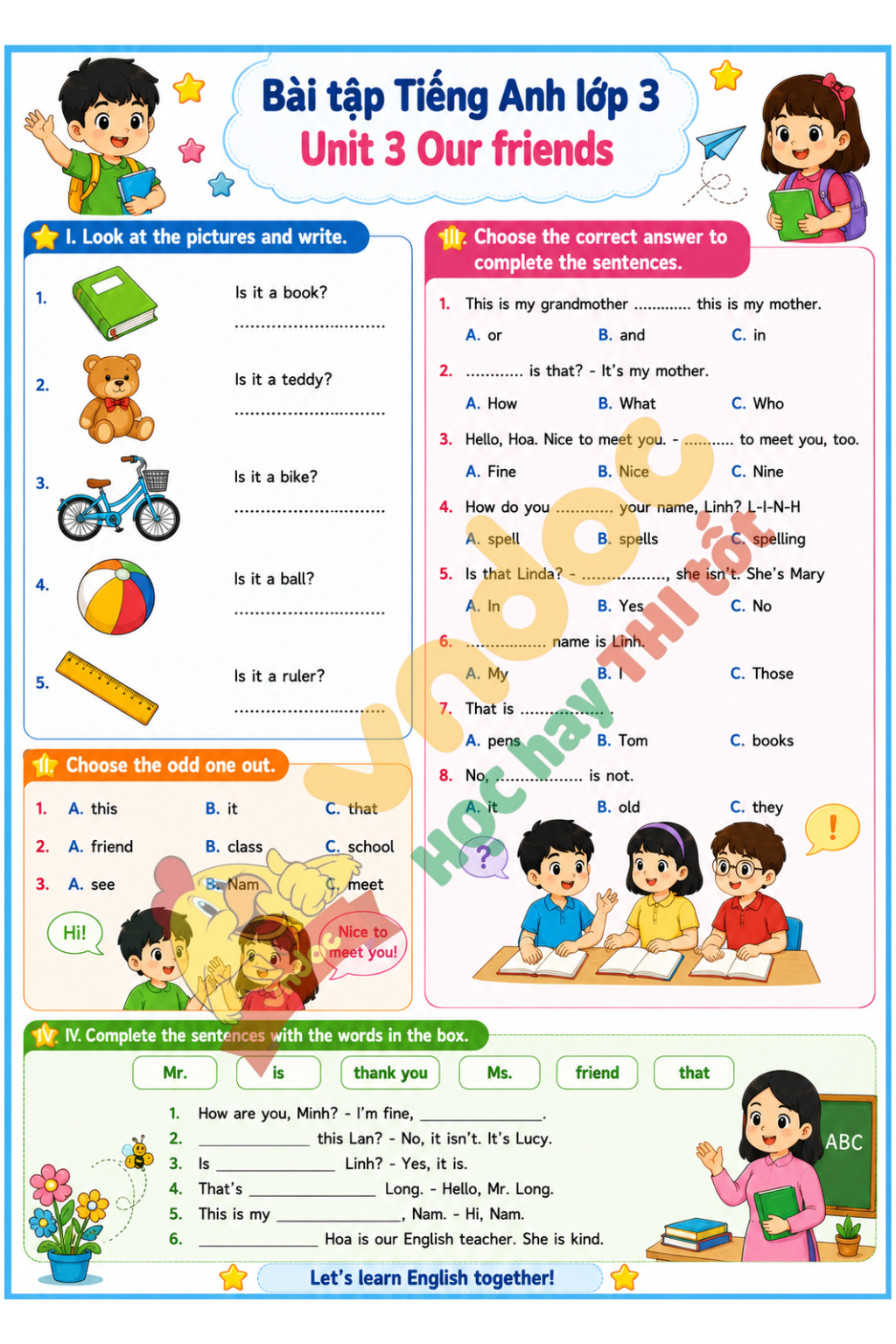 Phiếu bài tập Unit 3 lớp 3