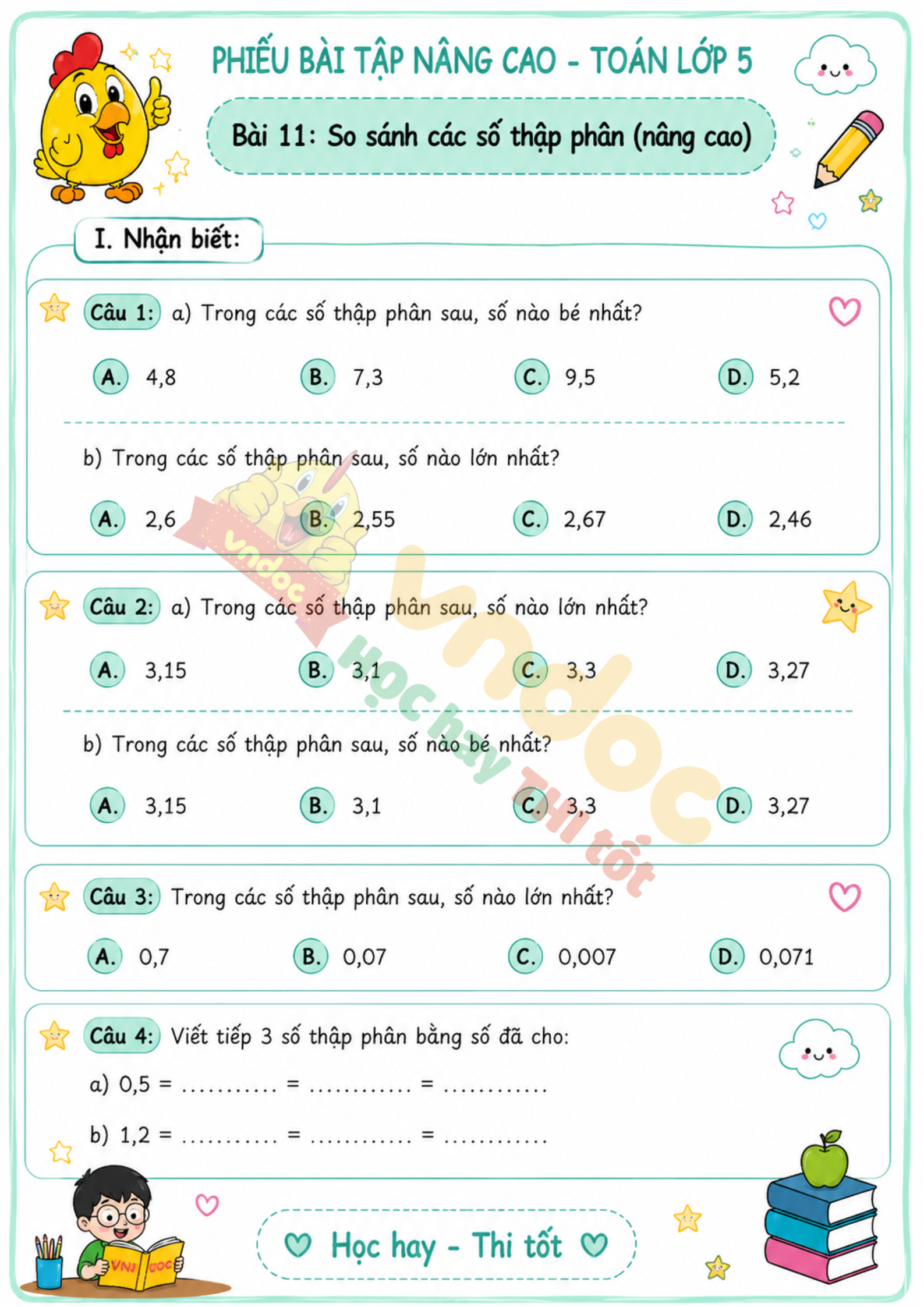Bai tap toan lop 5 Bai 11 so sanh cac so thap phan nang cao h1*980573