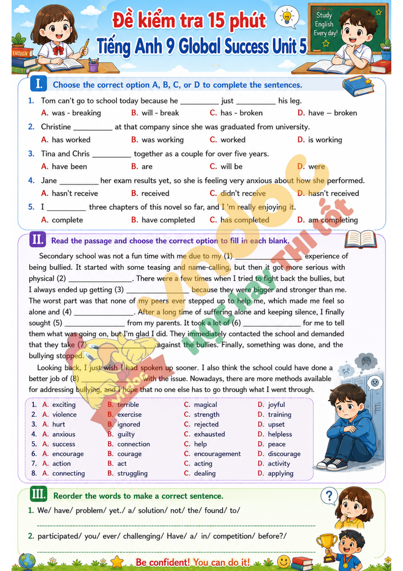 Phiếu kiểm tra 15 phút Tiếng Anh 9 Unit 5