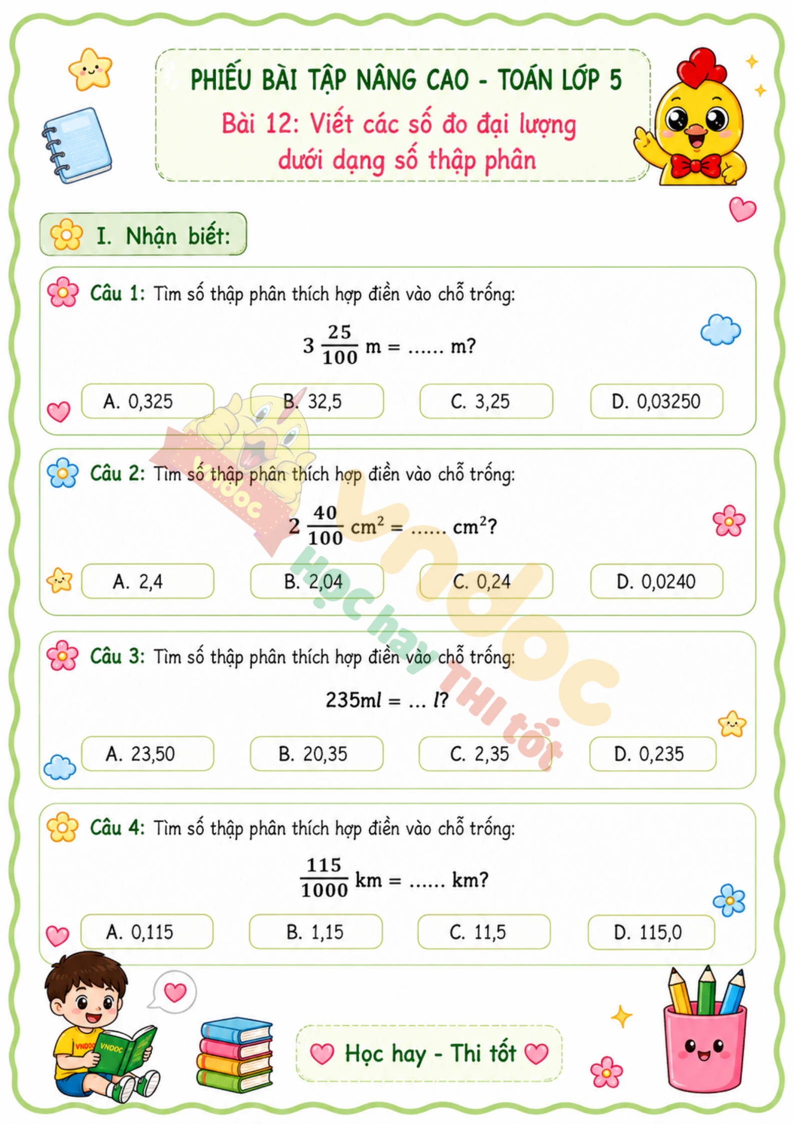 Bai tap toan lop 5 Bai 12 viet so do dai luong duoi dang so thap phan nang cao mh1*981081
