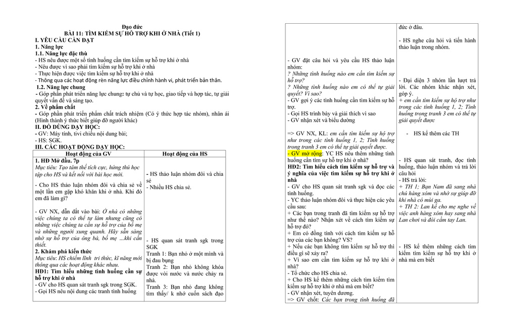 Giáo án Đạo đức 2 Bài 11: Tìm kiếm sự hỗ trợ khi ở nhà