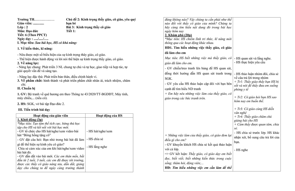 Bài 3: Kính trọng thầy giáo, cô giáo