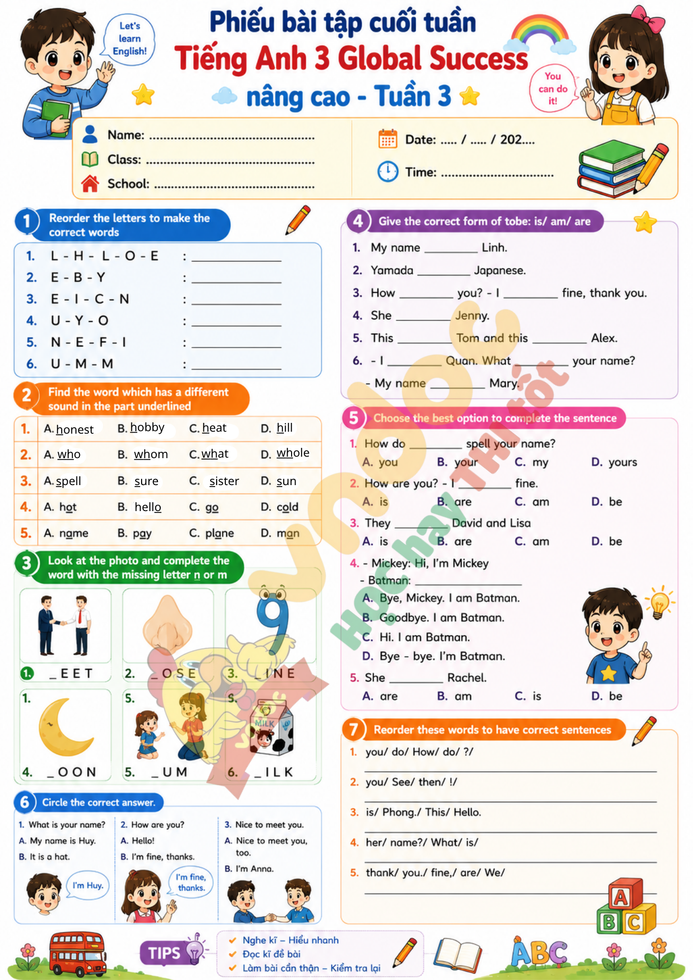 Bài tập cuối tuần Tiếng Anh lớp 3 tuần 3