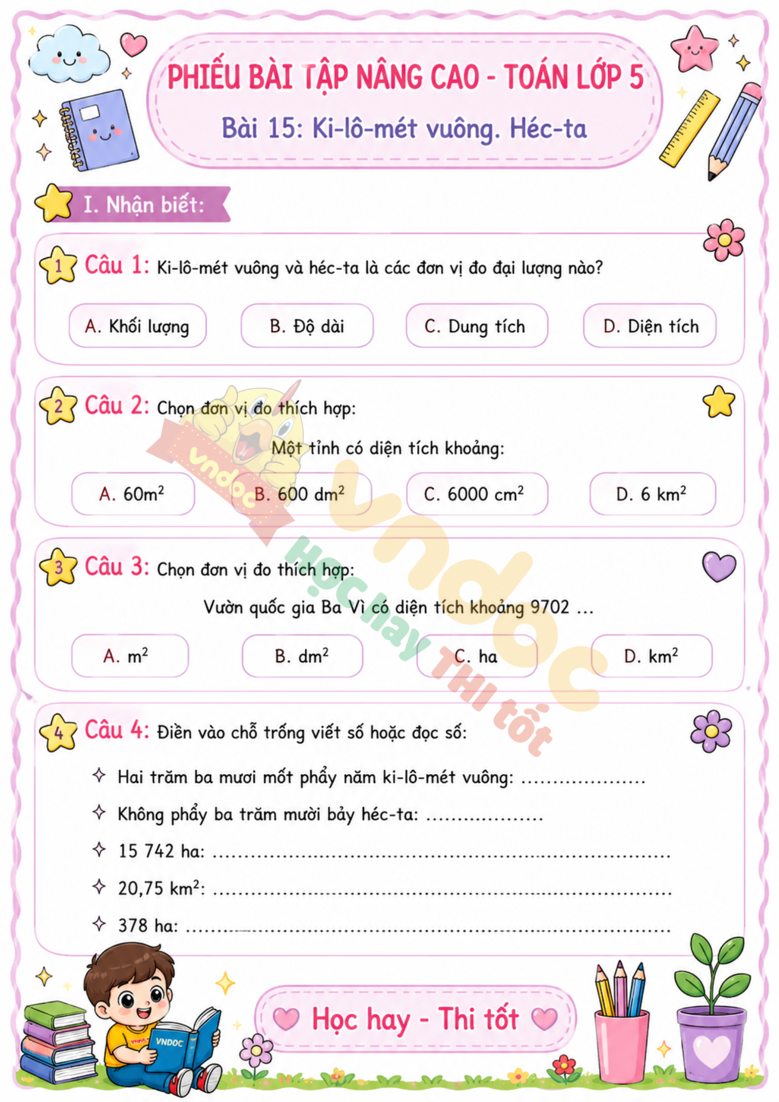 Bai tap toan lop 5 Bai 15 ki lo met vuong hec ta nang cao kntt mh1*982681