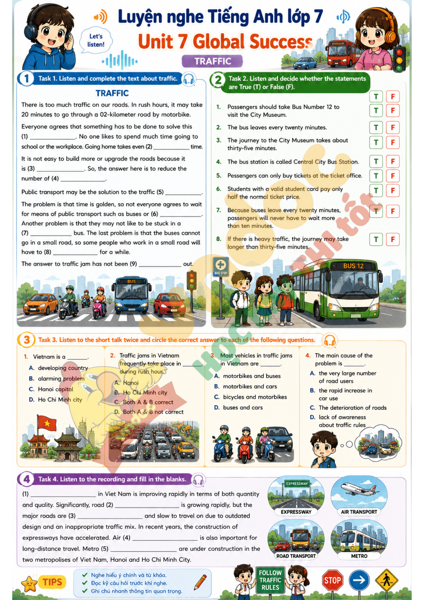 Phiếu luyện nghe Unit 7 lớp7
