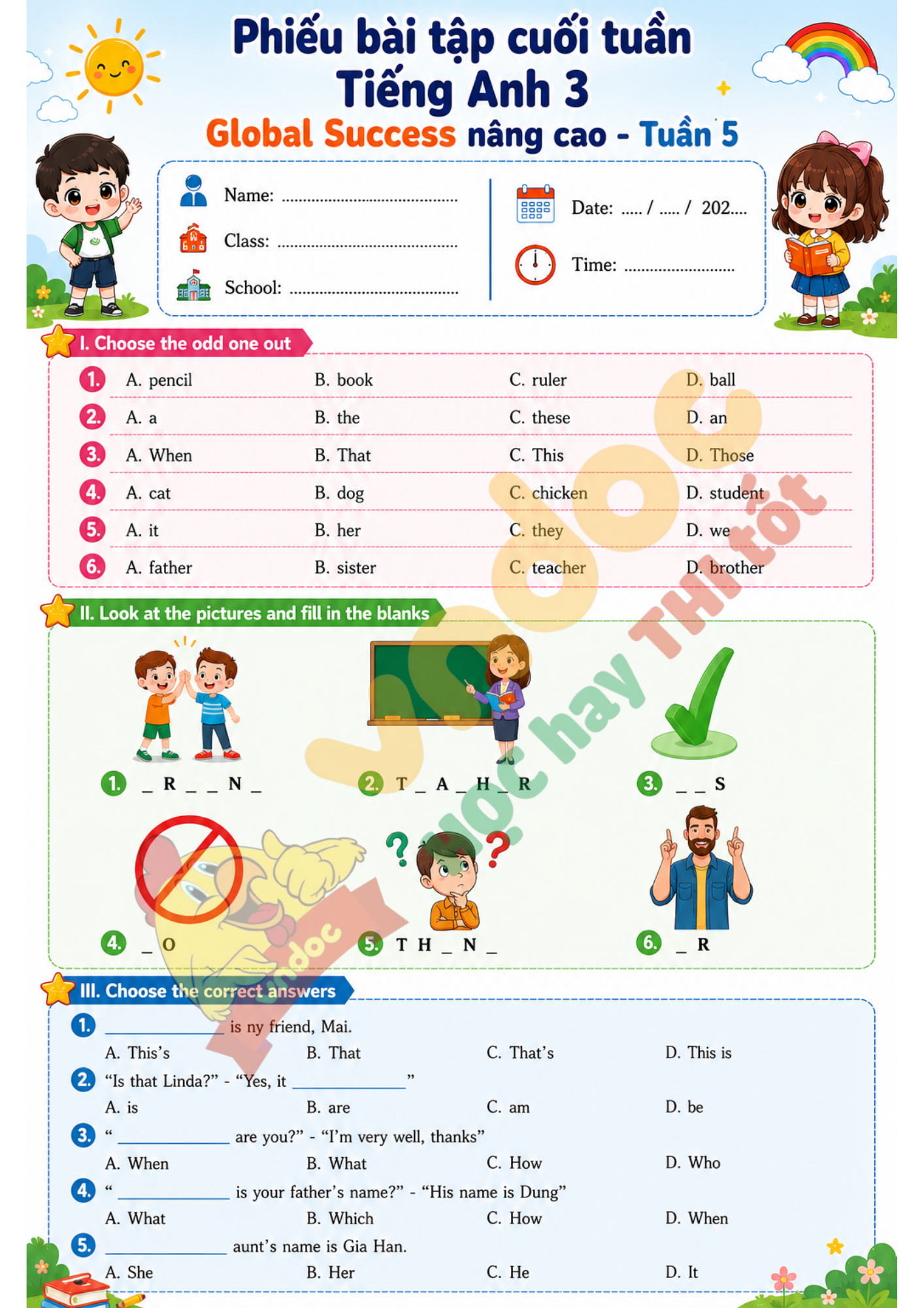 Bài tập cuối tuần Tiếng Anh lớp 3 tuần 5