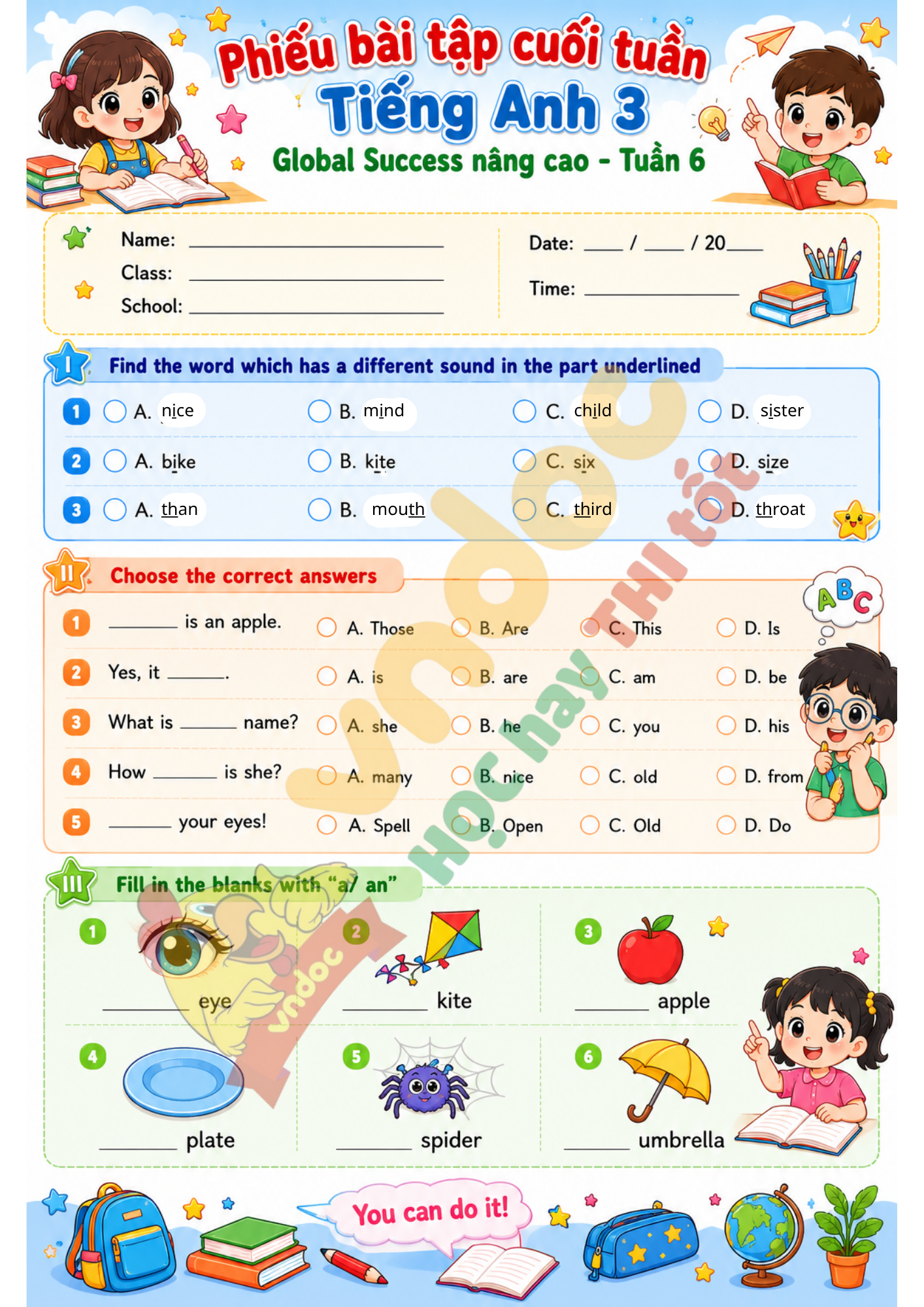 Bài tập cuối tuần Tiếng Anh lớp 3 tuần 6