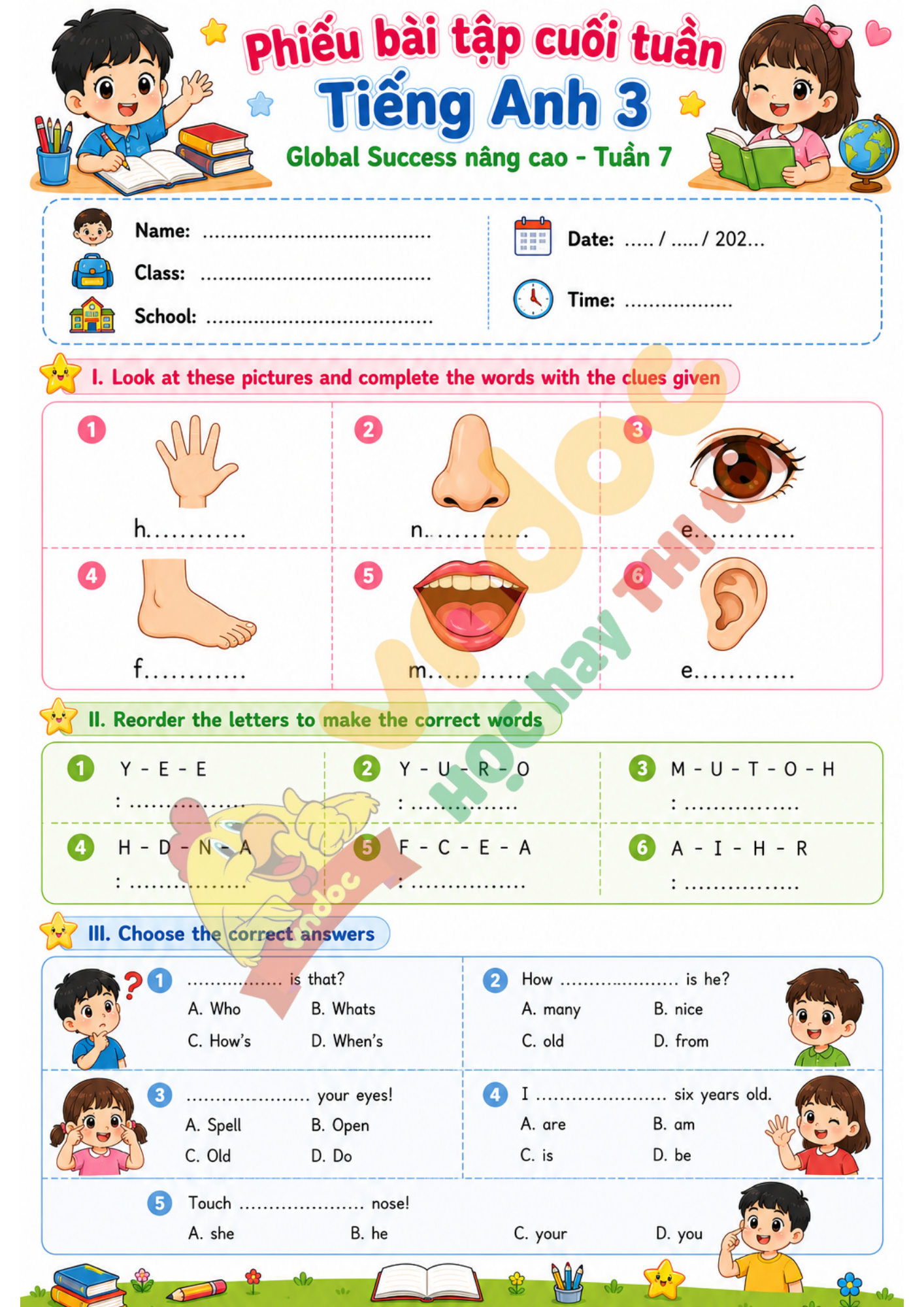 Bài tập cuối tuần Tiếng Anh lớp 3 tuần 7