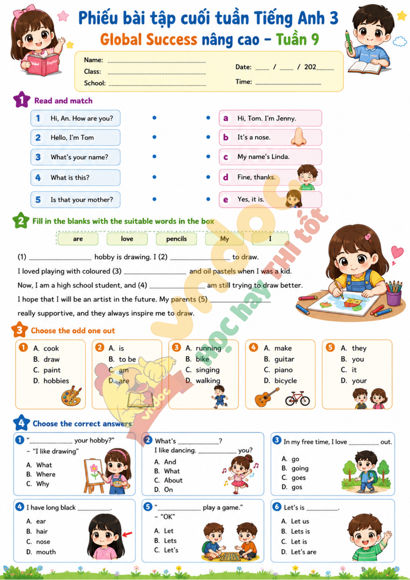Phiếu bài tập cuối tuần tiếng Anh lớp 3 Tuần 9