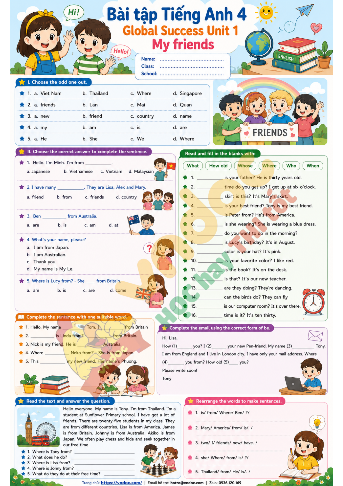 Phiếu bài tập Unit 1 lớp 4