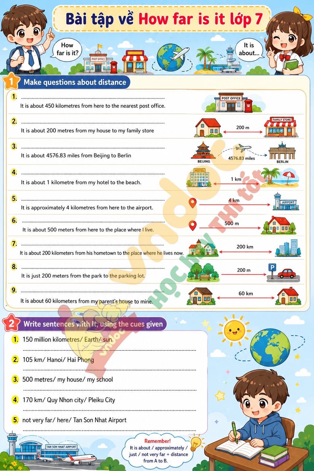 Phiếu bài tập How far lớp 7