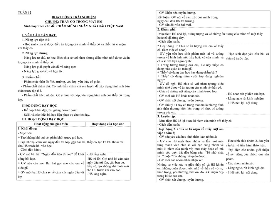 Giáo án Hoạt động trải nghiệm 3 Tuần 12