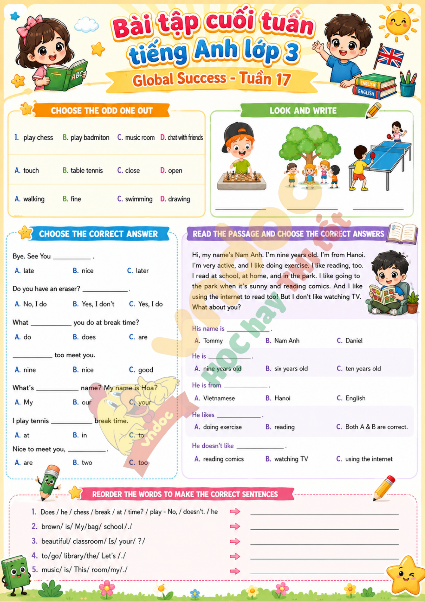 Bài tập cuối tuần lớp 3 tiếng Anh tuần 17 minh họa