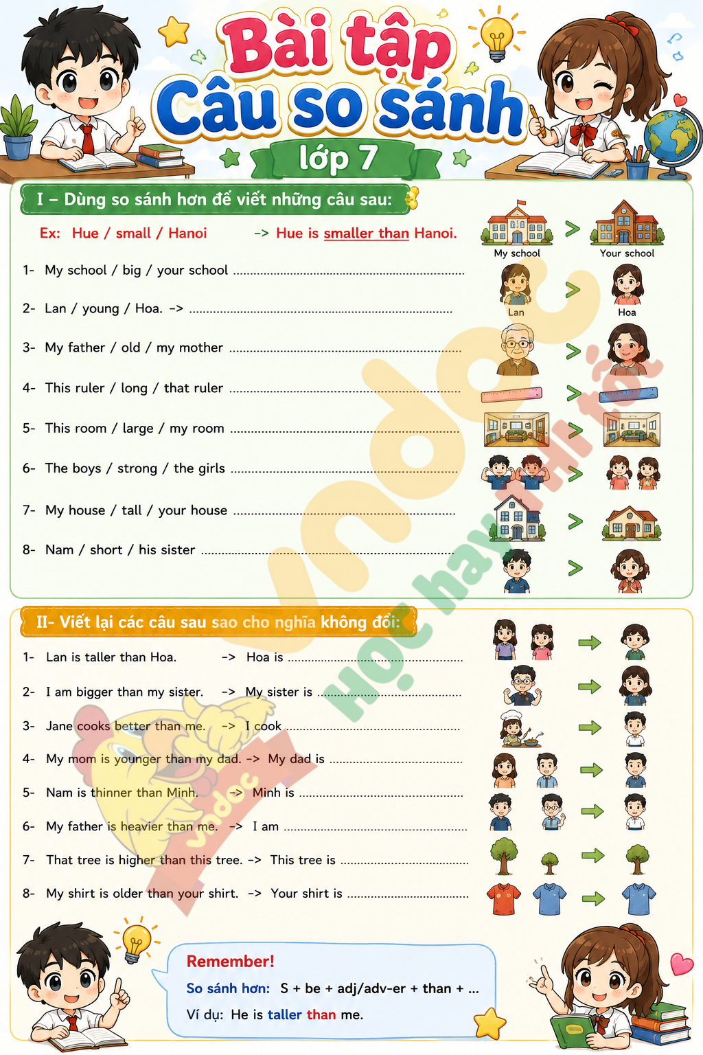 Bài tập câu so sánh tiếng Anh 7 minh họa
