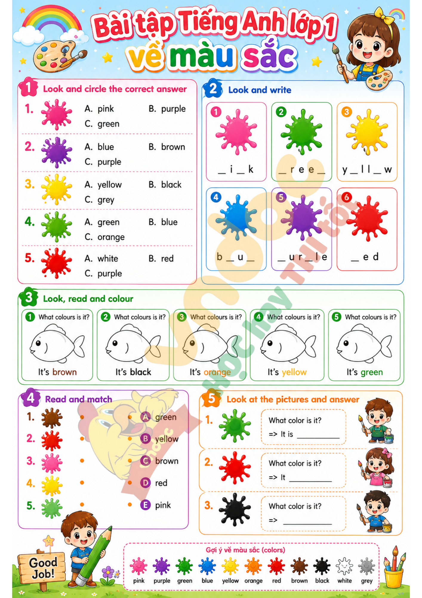 chủ đề Colours lớp 1 minh họa