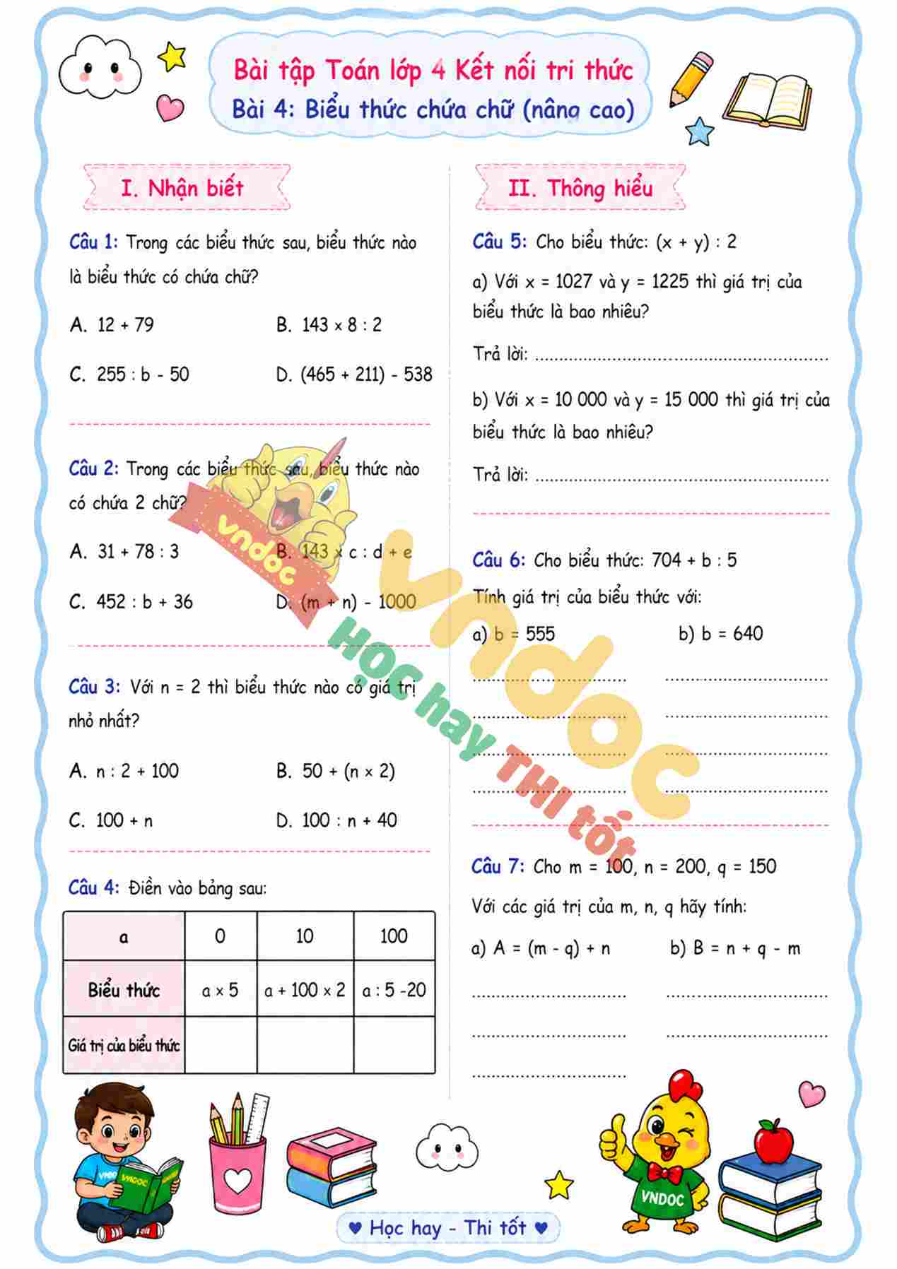 bai tap toan lop 4 bai 4 bieu thuc chua chu ket noi tri thuc anh 2*3799