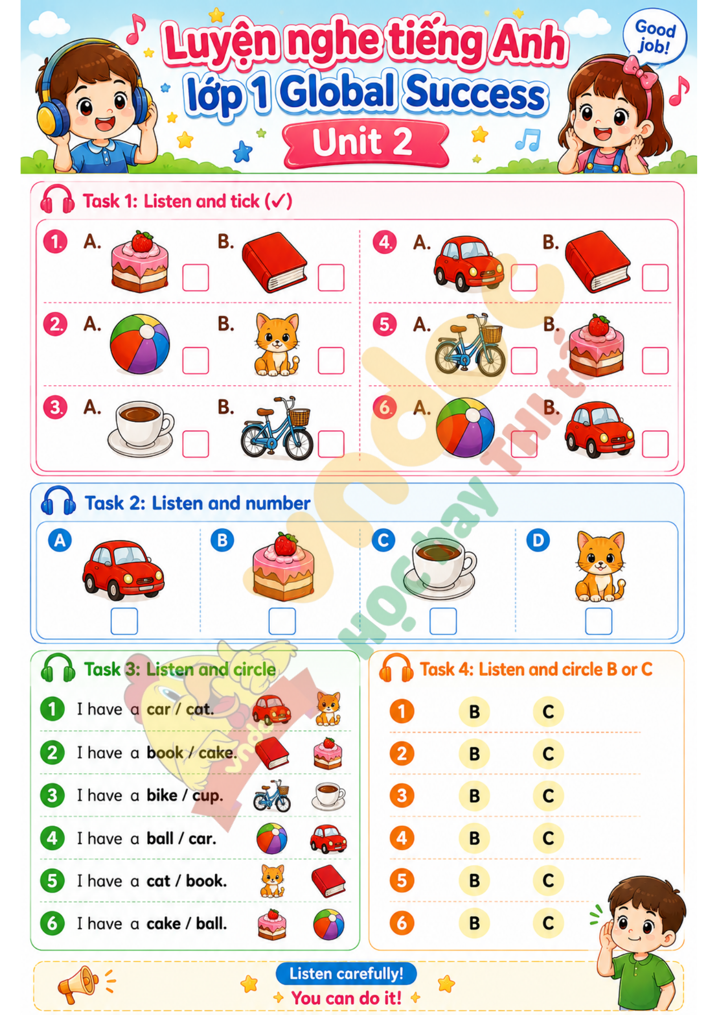 Luyện nghe Unit 2 lớp 1 minh họa