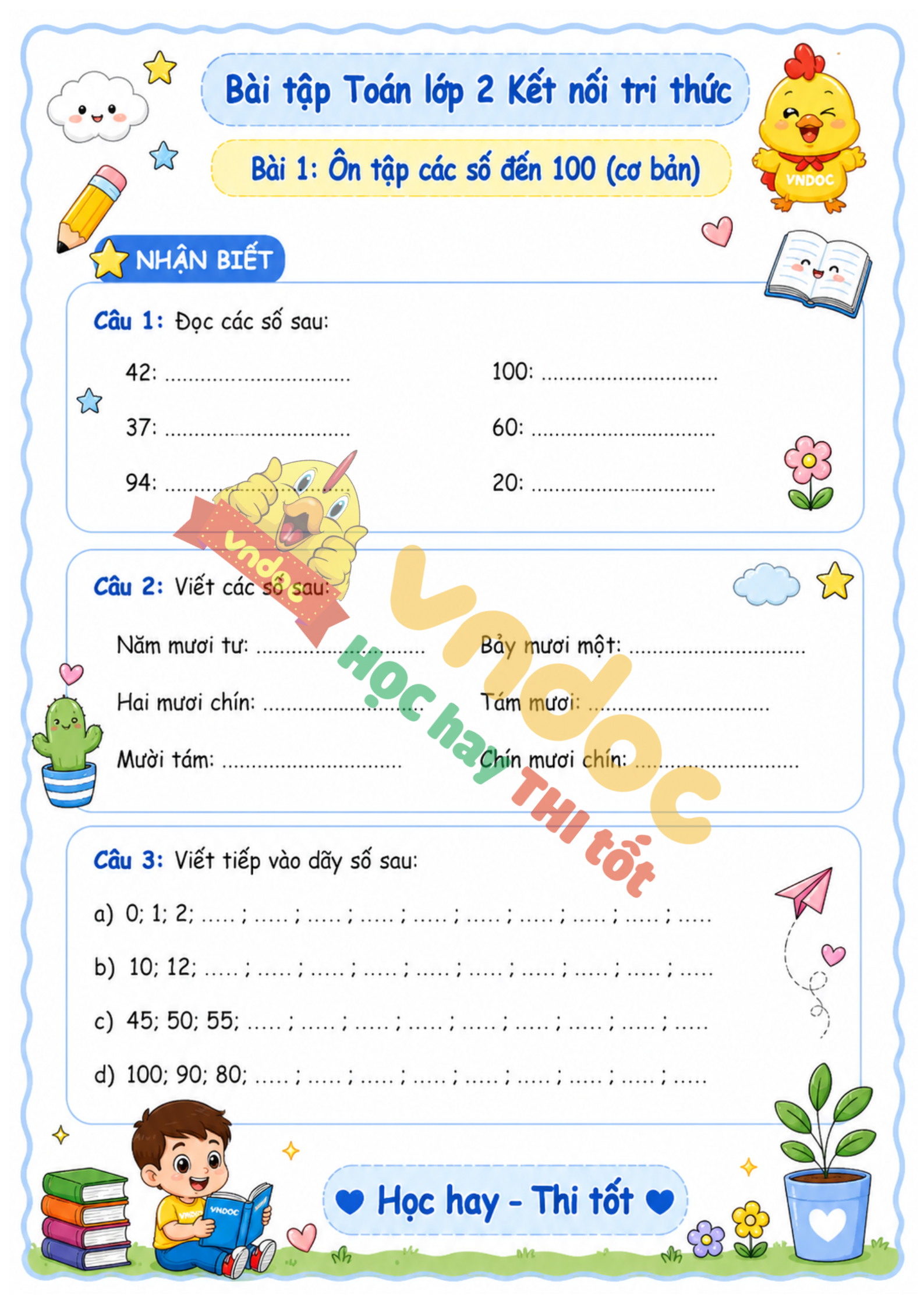 bt toan lop 2 bai 1 on tap cac so den 100 co ban mh1*4886