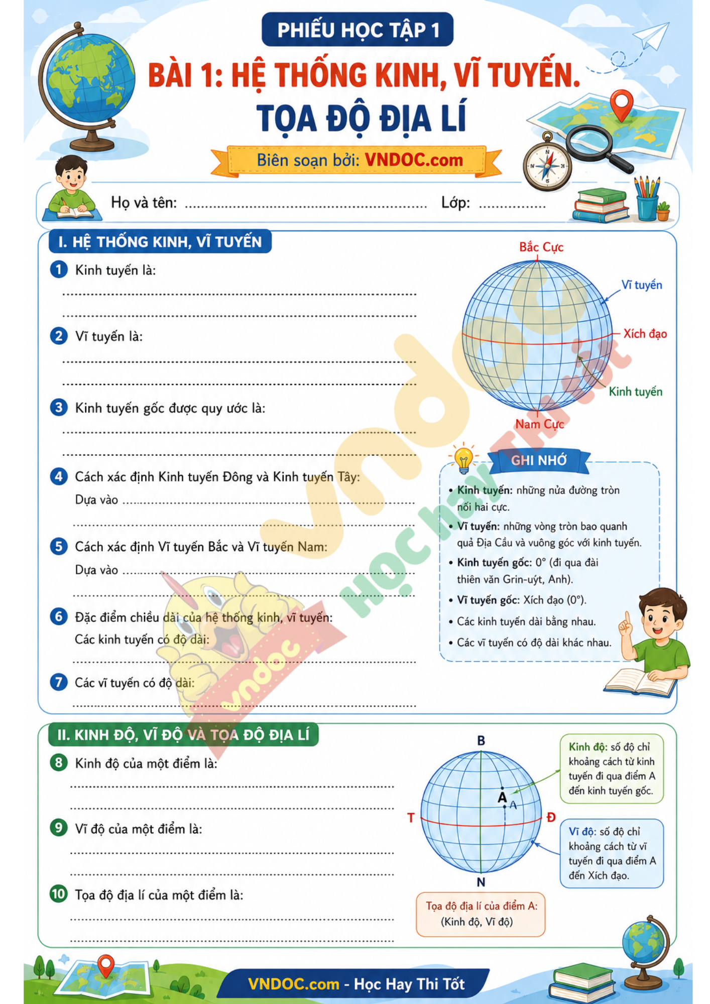 Phiếu học tập Địa lí 6 Bài 1: Hệ thống kinh, vĩ tuyến. Tọa độ địa lí