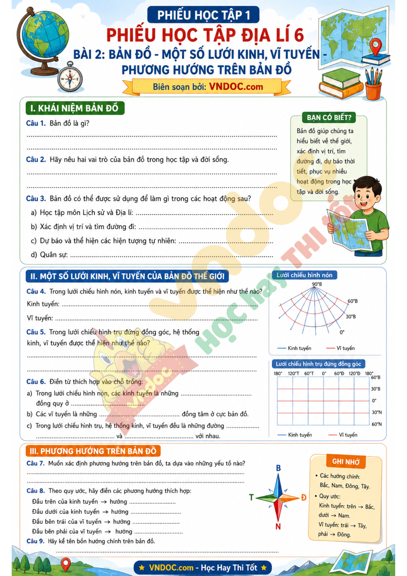 Phiếu học tập Địa lí 6 Bài 2: Bản đồ - Một số lưới kinh, vĩ tuyến - Phương hướng trên bản đồ