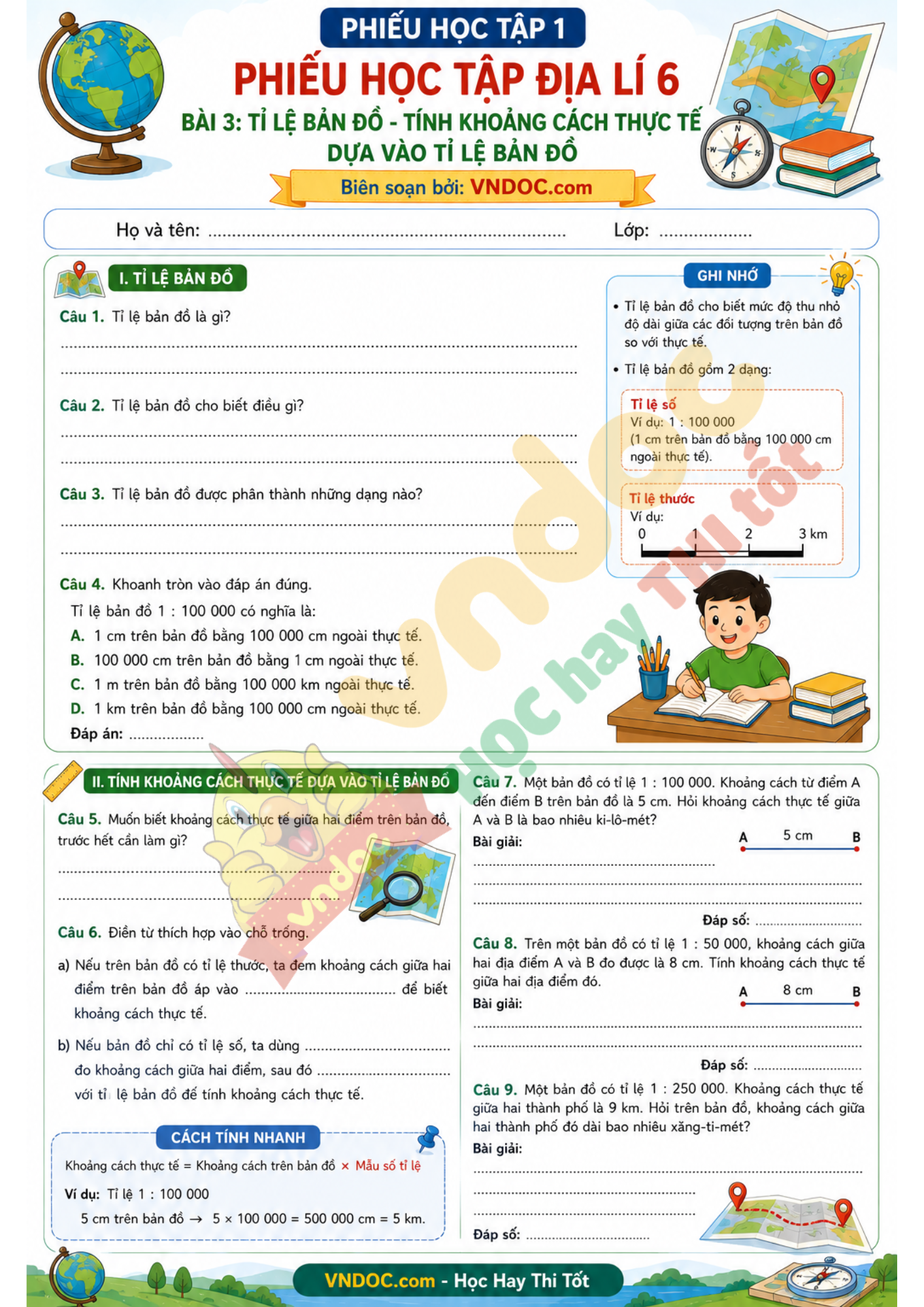 Phiếu học tập Địa lí 6 Bài 3: Tỉ lệ bản đồ - Tính khoảng cách thực tế dựa vào tỉ lệ bản đồ