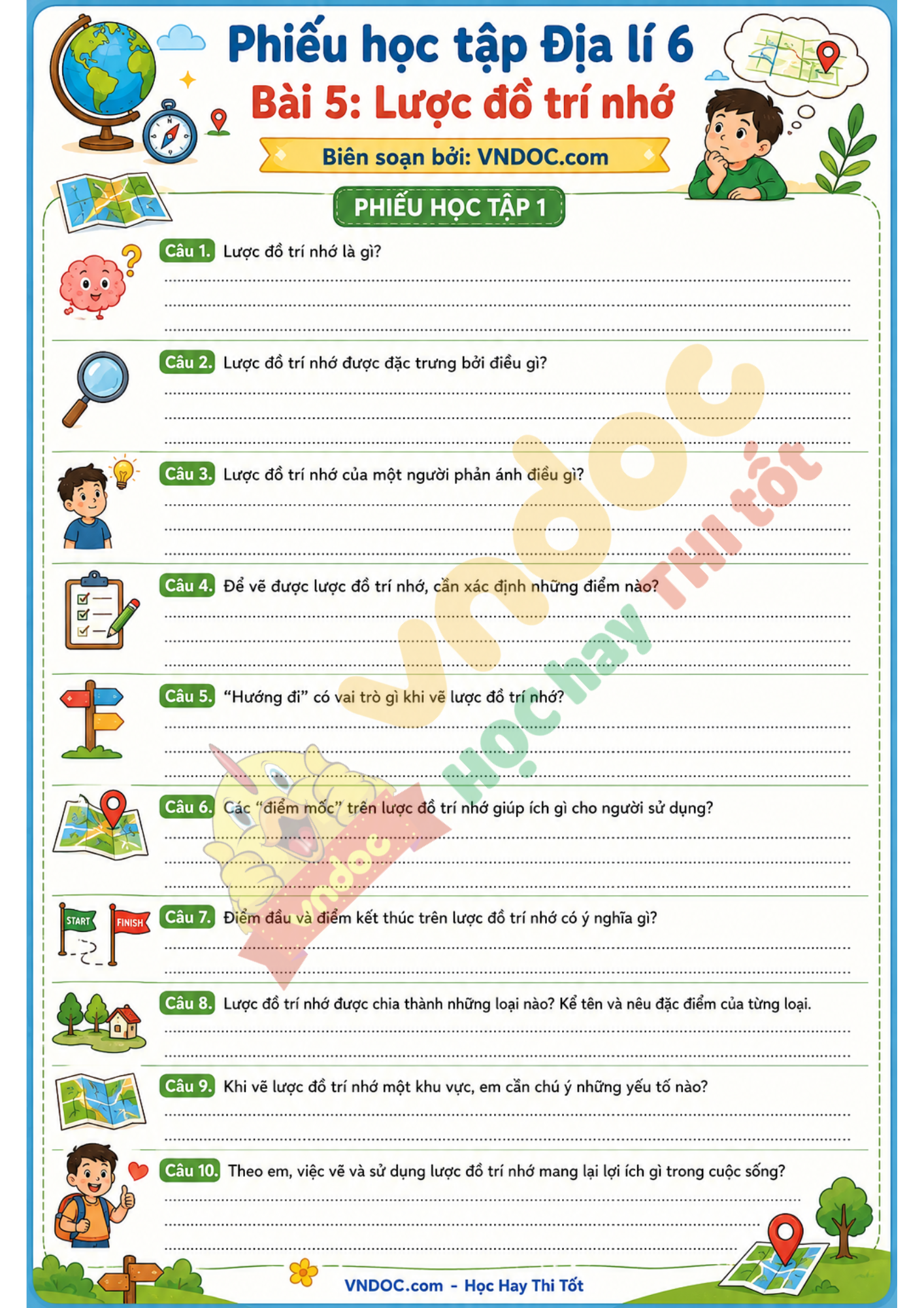 Phiếu học tập Địa lí 6 Bài 5: Lược đồ trí nhớ