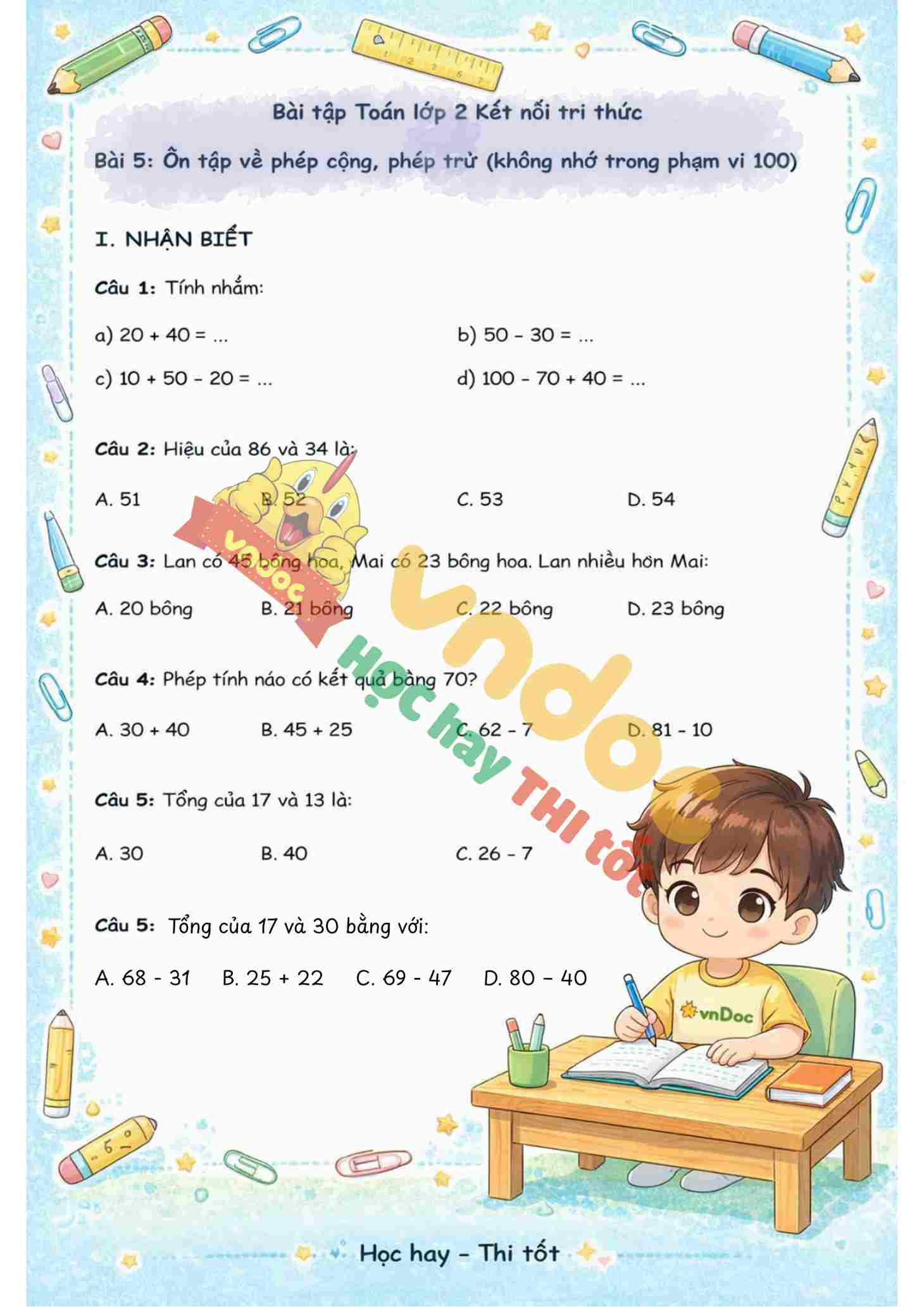 bt toan lop 2 bai 5 on tap phep cong phep tru khong nho trong pham vi 100 co ban mh1*6550