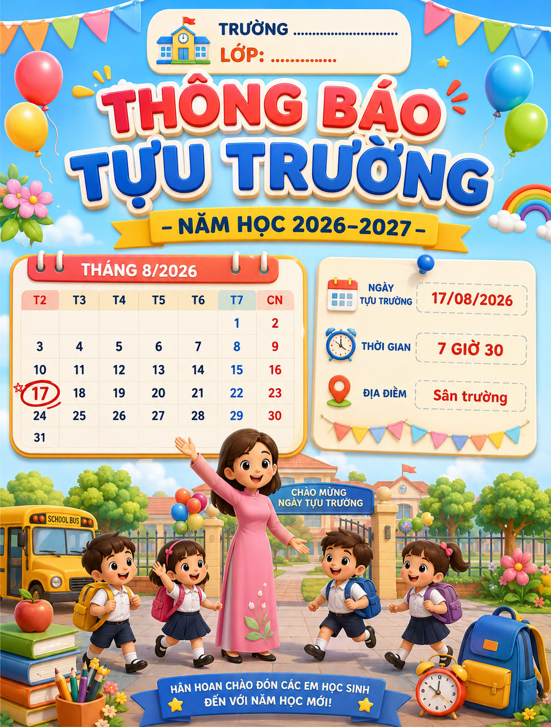 Câu lệnh và mẫu thiết kế thông báo tựu trường, khai giảng năm học mới