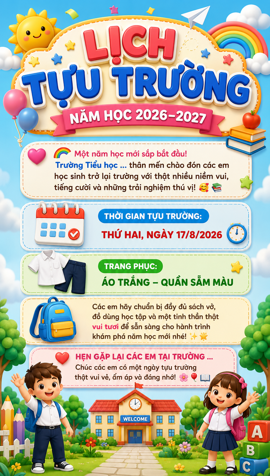 Câu lệnh và mẫu thiết kế thông báo tựu trường, khai giảng năm học mới