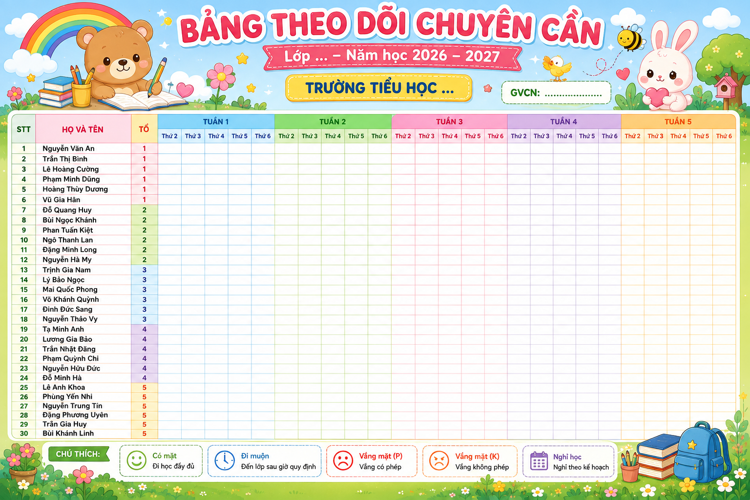 Prompt tạo bảng theo dõi chuyên cần học sinh
