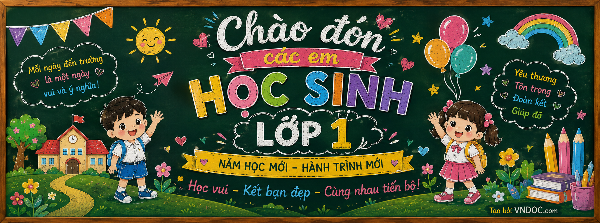 Mẫu vẽ bảng chào đón học sinh lớp 1 đẹp